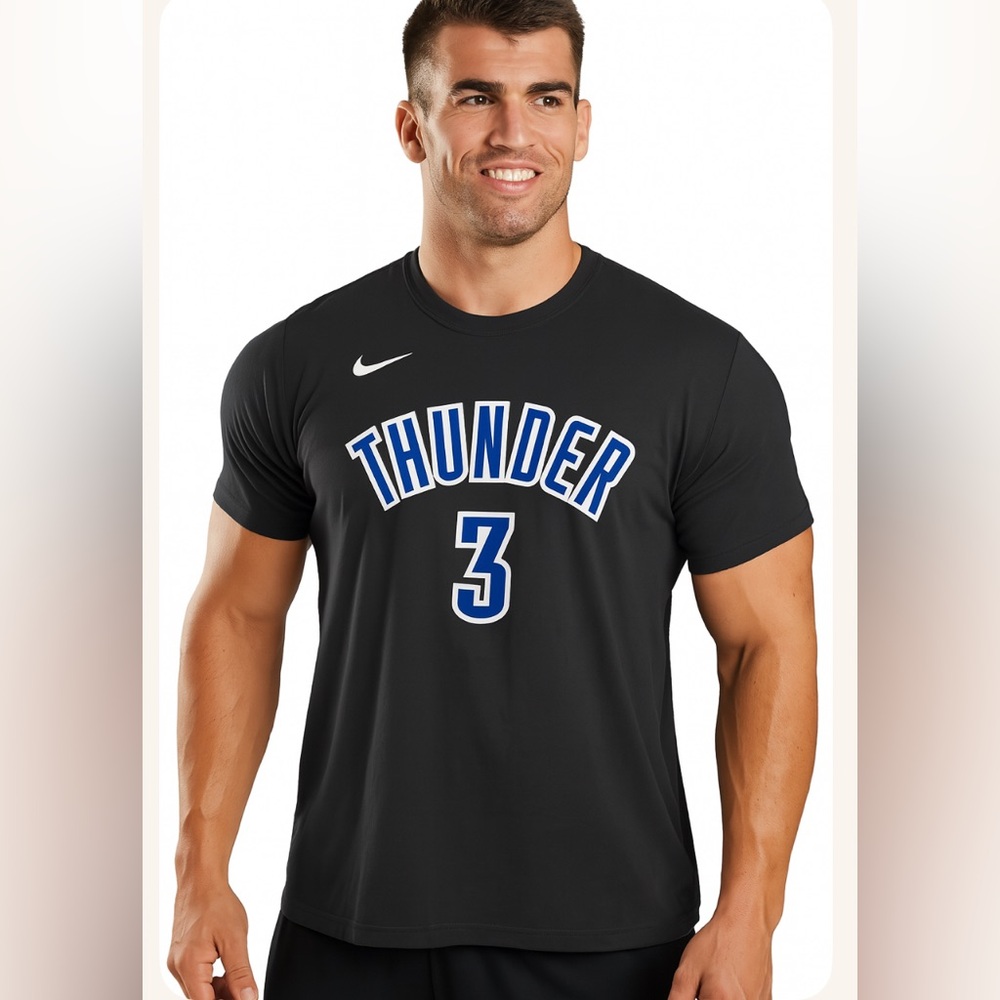 This is an Oklahoma City‎ Thunder basketball T-shirt featuring the number '3'